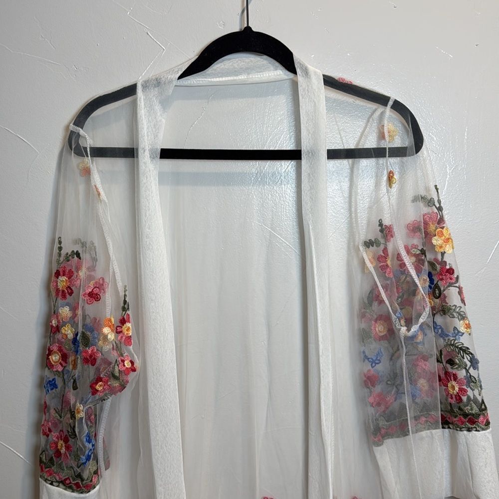 Kimono Sheer White Floral Embroidery Wedding Bridal Spring Shower Beach Boho - Picture 2 of 12